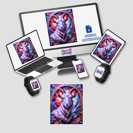 A laptop displays A Cute Goat With Blooming Flowers digital artwork, emphasizing a whimsical goat adorned with colorful flowers, available as stickers or digital art from Decal Venue.