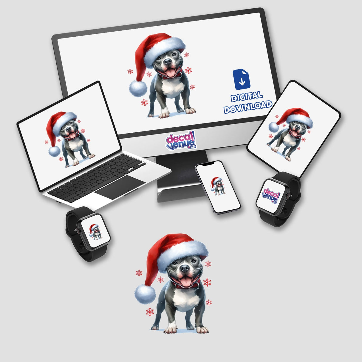 Christmas Pitbull Dog in Santa Hat II on a laptop screen, featuring a cartoon-style dog wearing a Santa hat, available as stickers or digital artwork from Decal Venue.