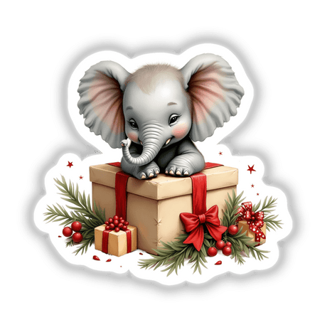 Baby Elephant in Christmas Present Box design features a cartoon elephant sitting atop a gift box adorned with a bow, available as stickers or digital download for festive DIY projects.