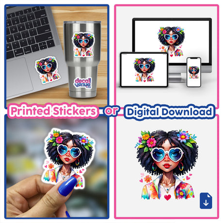 Afro Hippie Chick: Sticker with Heart-Shaped Glasses featuring a woman with flowers in her hair, heart-shaped sunglasses, and vibrant design elements. Available as a sticker or digital artwork.