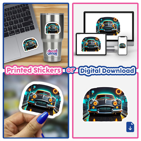 Collage featuring a laptop adorned with A Classic Futuristic Car sticker, highlighting the product's blend of nostalgic and modern design, available as stickers or digital artwork.