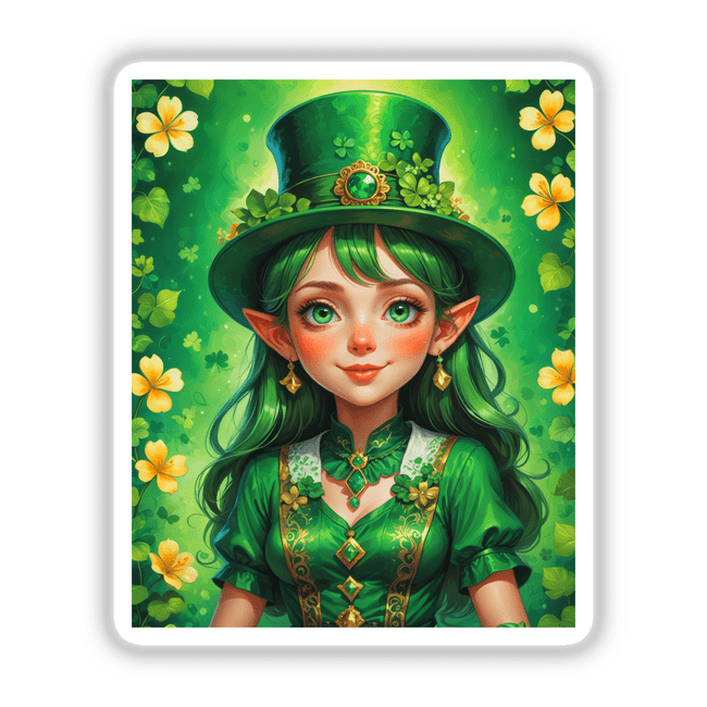 A Cute St. Patrick's Day Girl cartoon, featuring a character in a green dress and hat, available as stickers or digital artwork from Decal Venue.