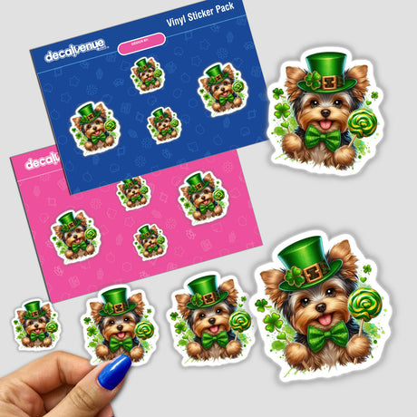 Stickers featuring the St Patricks Yorkie Dog Holding Lollipop, showcasing a charming dog in a green hat and bow tie. Available as unique stickers or digital artwork from Decal Venue.