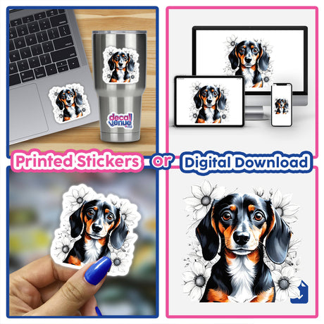 Dachshund Dog Portrait Floral Accents PA15 featuring a collage of dachshunds with flowers, available as stickers or digital artwork.