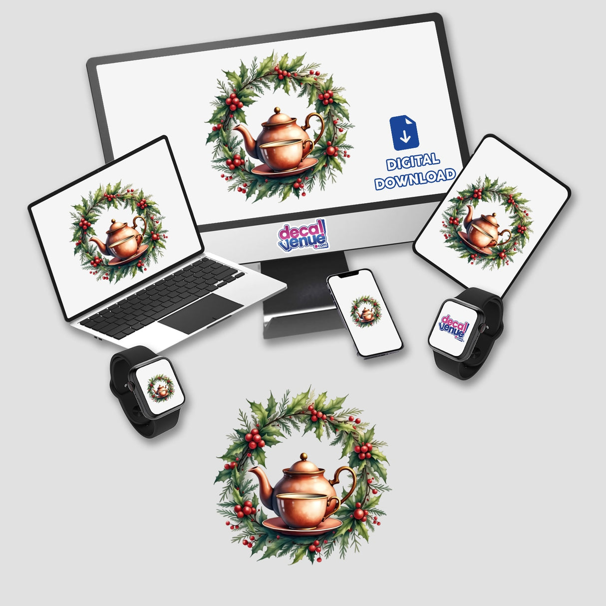 Teapot with Tea Cup in a Christmas Wreath displayed on a computer monitor and laptop, available as stickers or digital artwork, capturing holiday charm from Decal Venue's unique collection.