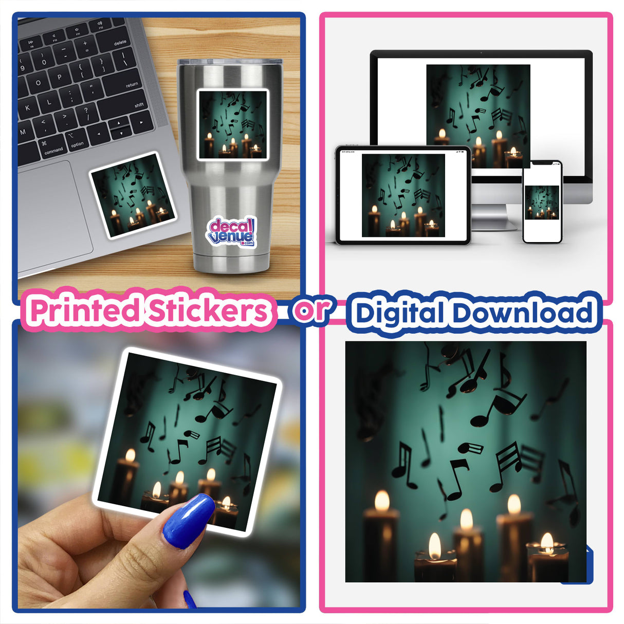 Musical Notes on Candlelight | Dark Academia Sticker featuring a collage of musical notes and candle imagery on a laptop screen, ideal for unique sticker enthusiasts and digital art collectors.