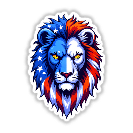 Cool American Flag Lion: A cartoon illustration featuring a lion adorned with stars and stripes, available as unique stickers or digital artwork from Decal Venue.