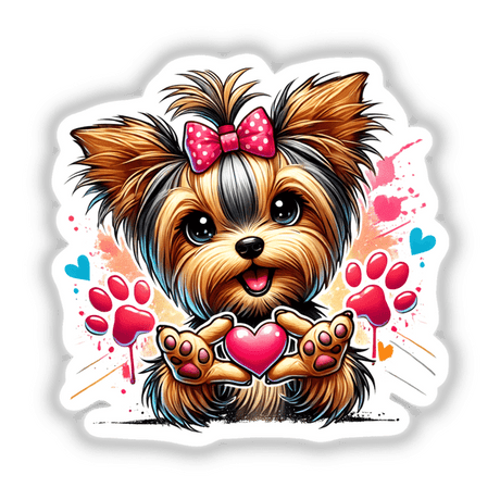 Yorkie Dog Heart Gestures sticker or digital art featuring a cartoon dog holding a heart with its paws, designed in a playful, illustrated style.