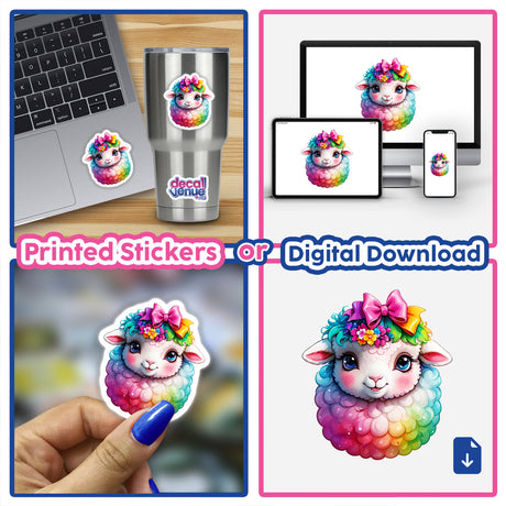 Adorable Fluffy Sheep with Pink Bow: Rainbow Colors Sticker displayed on a laptop, showcasing a cute cartoon sheep with rainbow hair and a pink bow. Available as stickers or digital artwork.