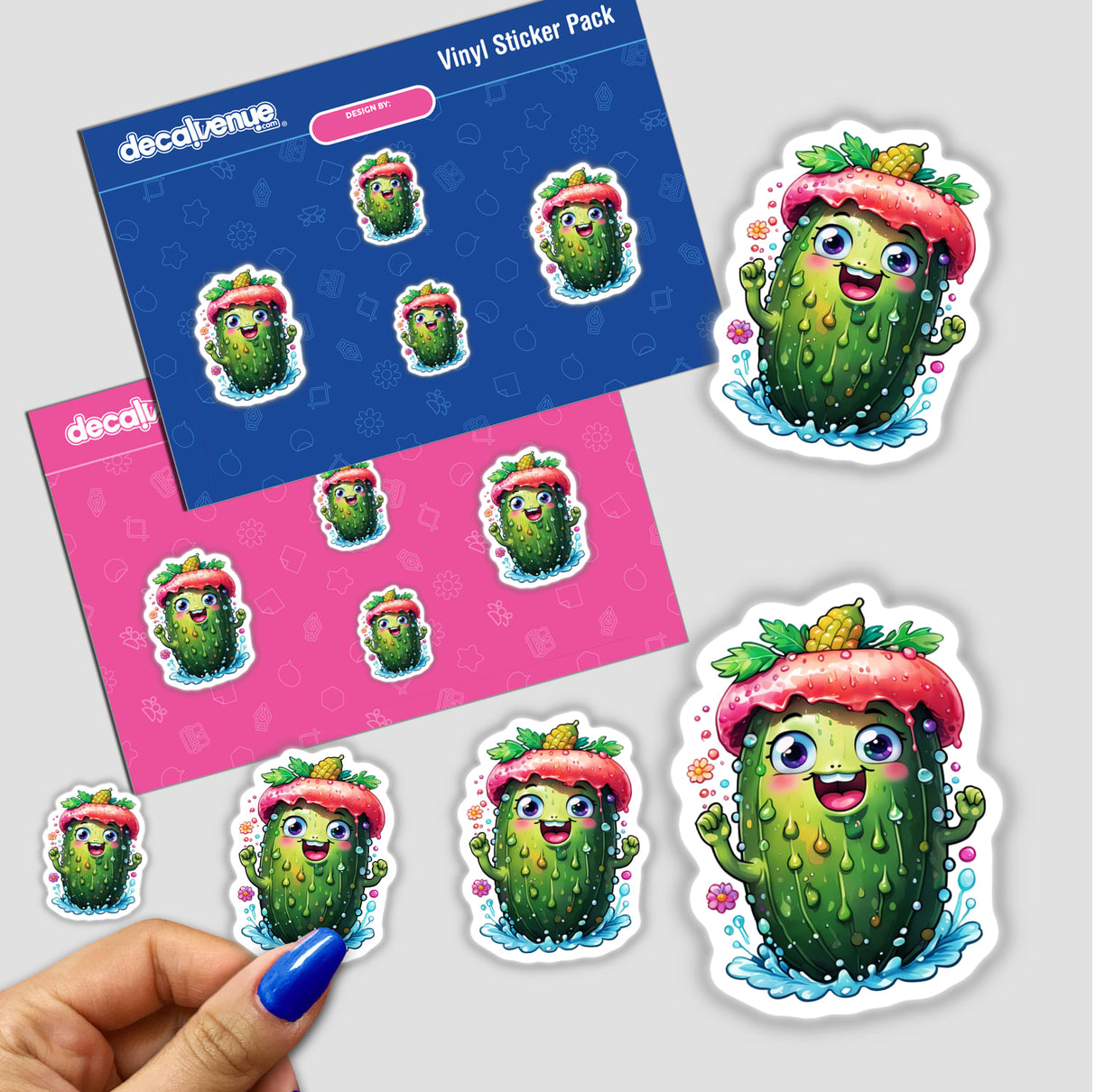 Hand holding a sticker pack featuring the Smiling Pickle: Hilarious Sticker Design with cartoon characters, including a cucumber with a pink flower and a cactus with a pink hat.