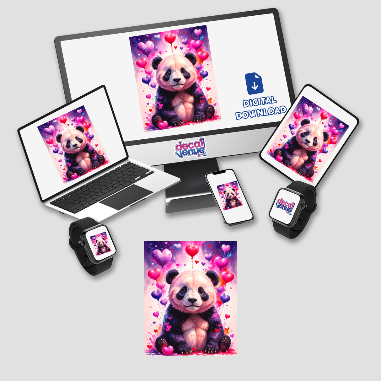 A Cute Panda Bear With Love Hearts displayed on a computer monitor and laptop, showcasing its availability as stickers or digital artwork from Decal Venue.