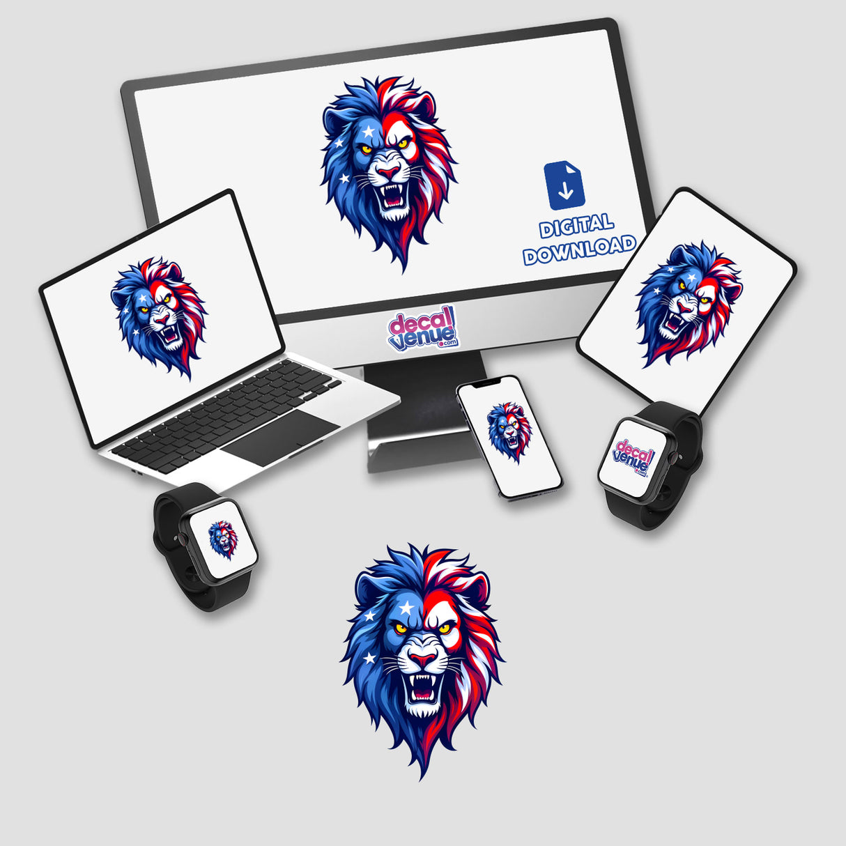 A Cool American Flag Lion displayed on a computer monitor and laptop, showcasing its fierce lion head design. Available as stickers or digital artwork from Decal Venue.