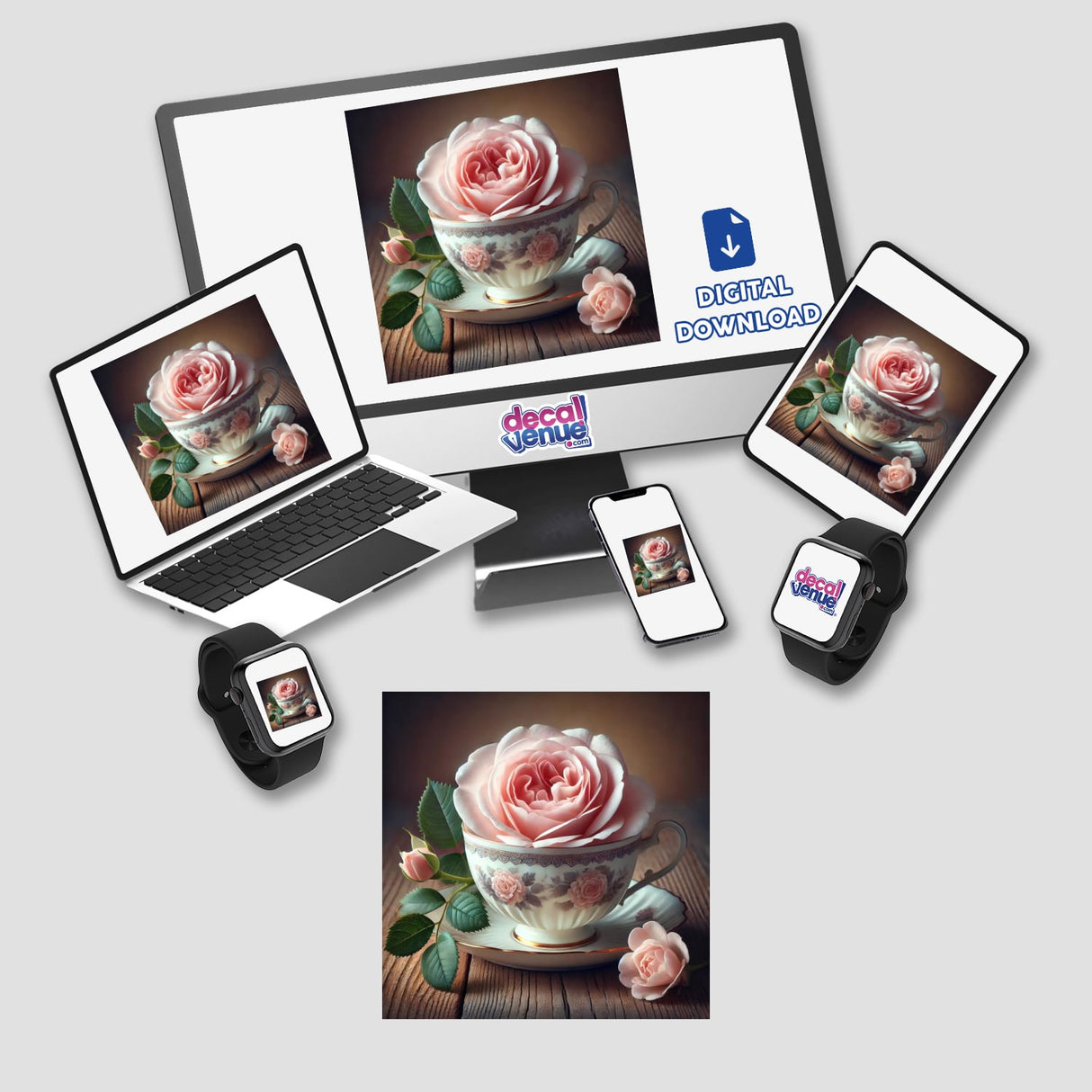 Delicate Tea Rose Blooming in a Vintage Teacup displayed on a laptop, monitor, smartwatch, and phone, available as stickers or digital artwork from Decal Venue.