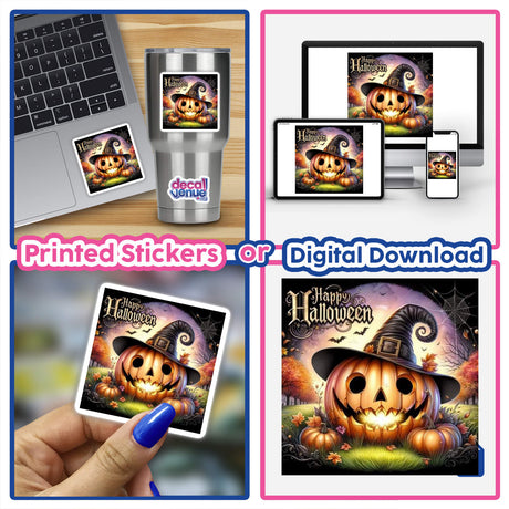 Collage of Bronze Halloween Series 9, featuring a laptop with stickers, a close-up of a finger, a person holding a card, a mug, a pumpkin with a hat, and a computer monitor.