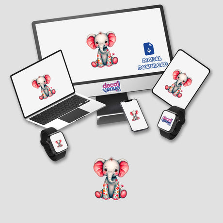 A Cute Elephant With Flowers depicted on screens, including a monitor, laptop, tablet, and smartwatch, available as stickers or digital artwork from Decal Venue.