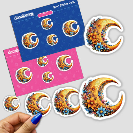 Colorful floral crescent moons, sticker pack from Decal Venue featuring vibrant, artistic designs with flowers and intricate patterns, ideal for expressing individual style.