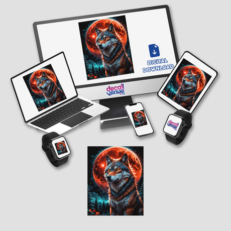 A Wolf In The Night With A Blood Moon displayed on a computer, laptop, and tablet, emphasizing the wolf's orange eyes and red moon. Available as stickers or digital artwork.