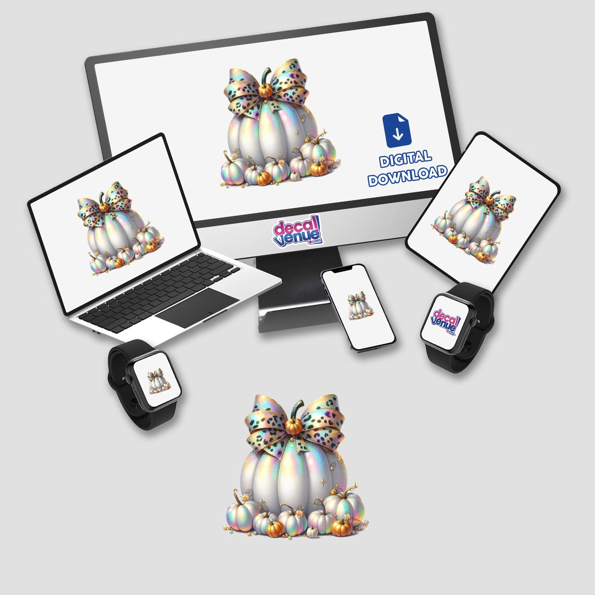 Prismatic white fall pumpkins with leopard coquette bows, displayed on various electronic devices including laptops, smartphones, and smartwatch, showcasing the digital artwork from the Decal Venue store.