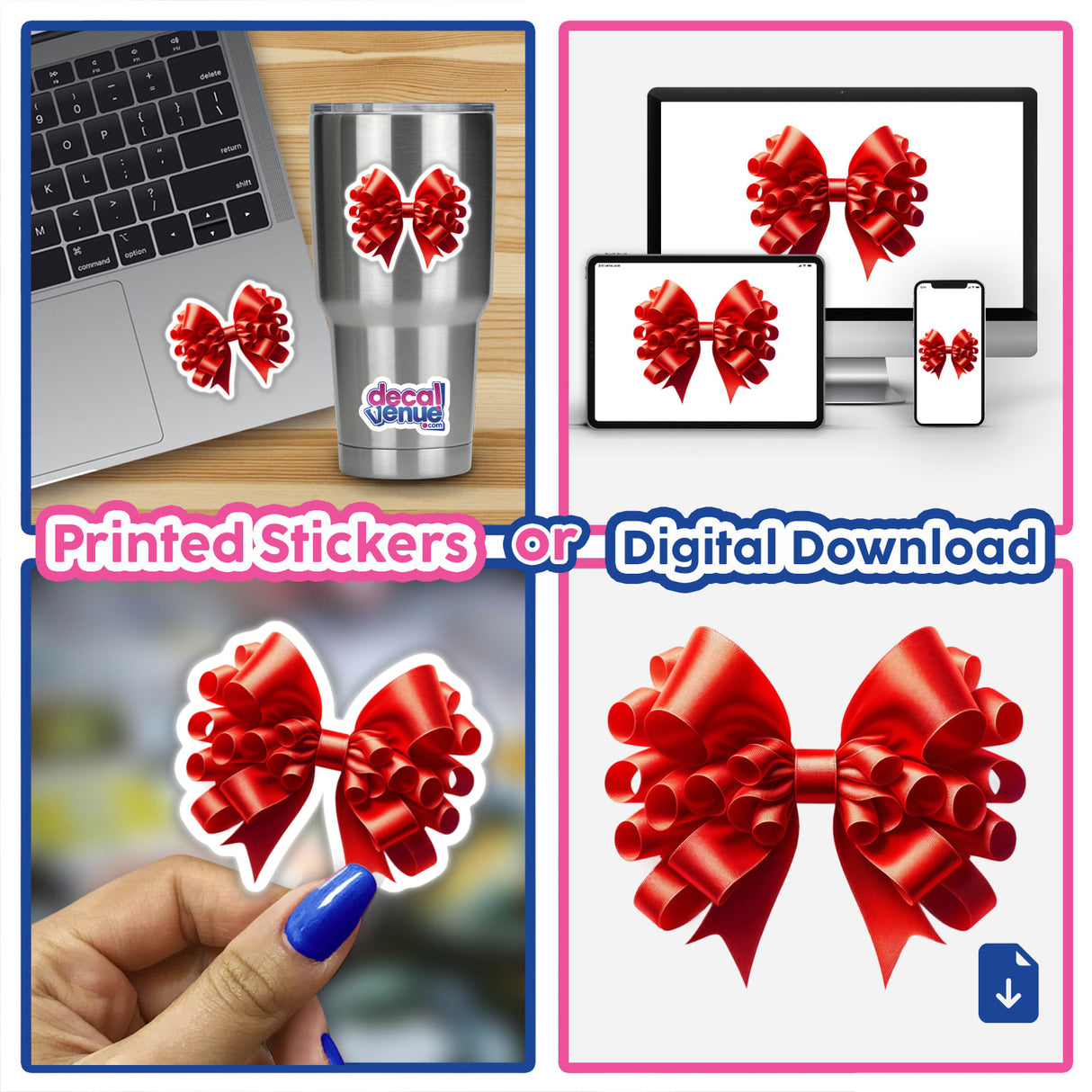 Festive red bow stickers and digital downloads for creative expression on various surfaces, designed by Decal Venue's talented artists.