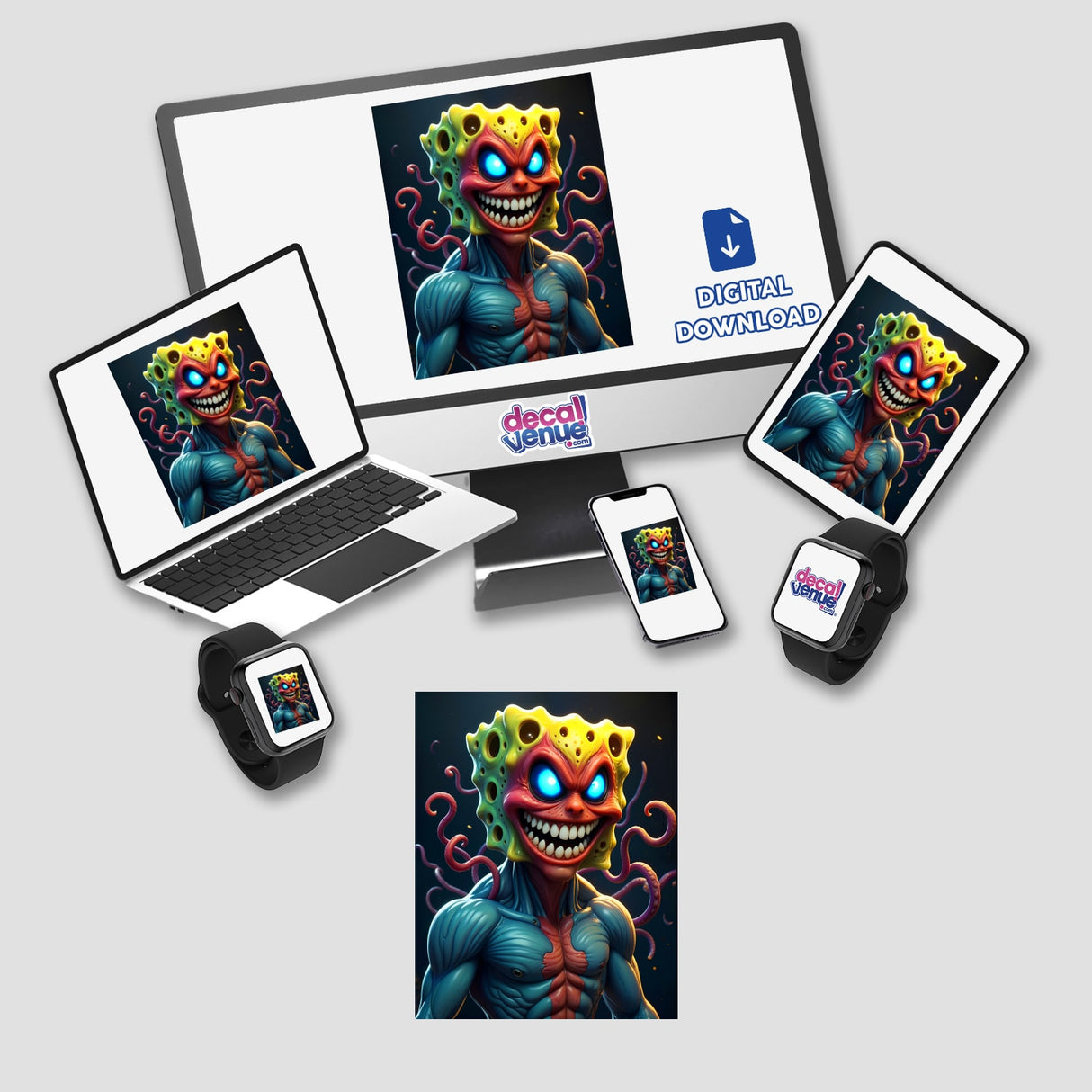 Alien Mutant Superhero Villain displayed on various gadgets, including a monitor, laptop, and smartwatch, emphasizing its availability as stickers or digital artwork at Decal Venue.