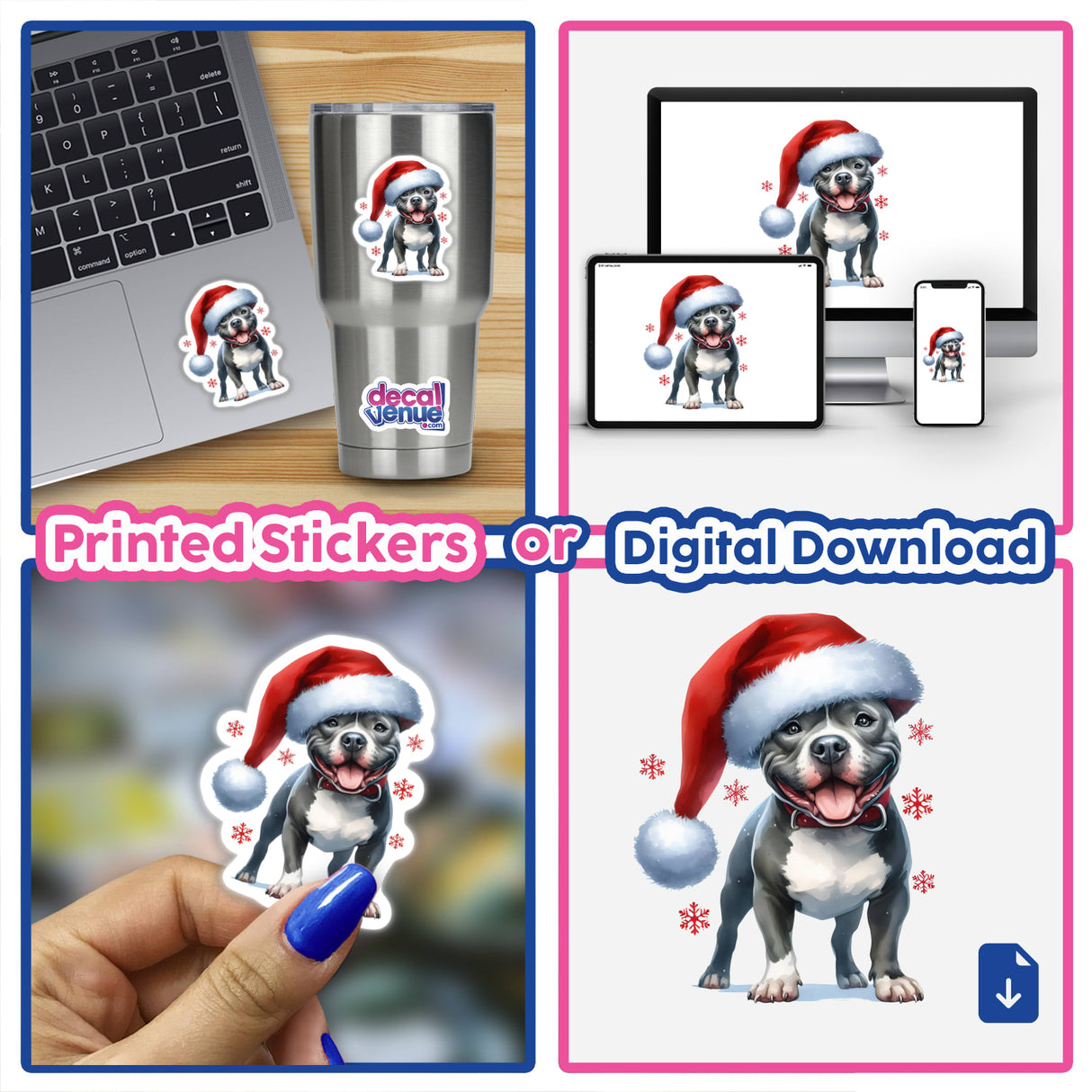 Christmas Pitbull Dog in Santa Hat II sticker collage featuring a joyful pitbull adorned with Santa hats, perfect for laptops or cups. Available as stickers or digital artwork from Decal Venue.