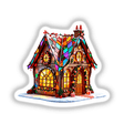 Gingerbread House Stained Glass Art depicting a vibrant house adorned with lights and snow, available as stickers or digital artwork.