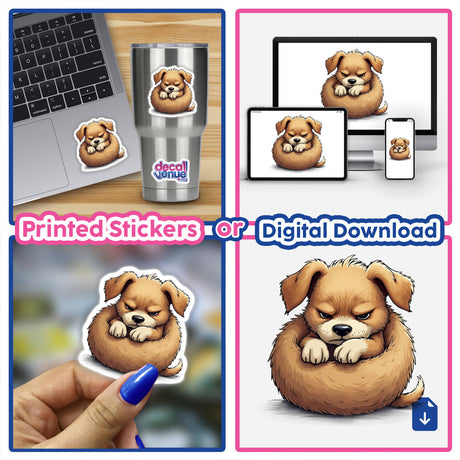 Cute Angry Puppy Curled Up sticker displayed on various surfaces, including a laptop and a cup, showcasing its versatility as both a sticker and digital artwork.