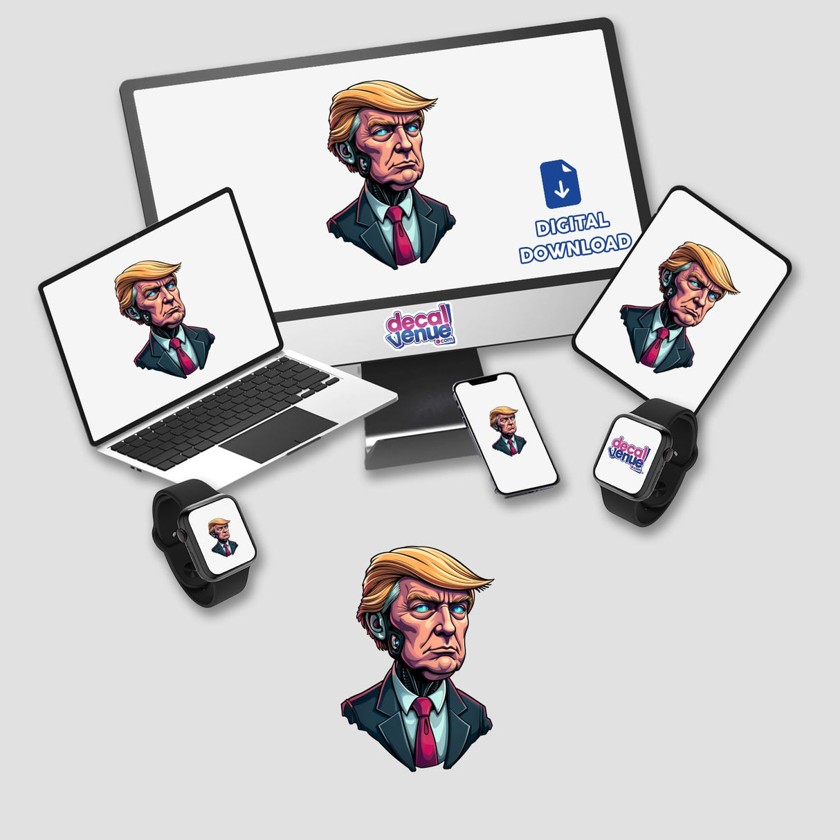 Futuristic President Donald Trump digital artwork displayed on a computer monitor and laptop, featuring a cartoon of a man in a suit and tie. Available as stickers or digital art.