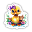 Cartoon duckling with a purple bow, available as stickers or digital artwork from Decal Venue.