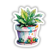 Botanical Sticker | Tropical Potted Plant for a Lush Aesthetic featuring a vibrant houseplant with colorful flowers, ideal for adding a touch of greenery and style to any space.