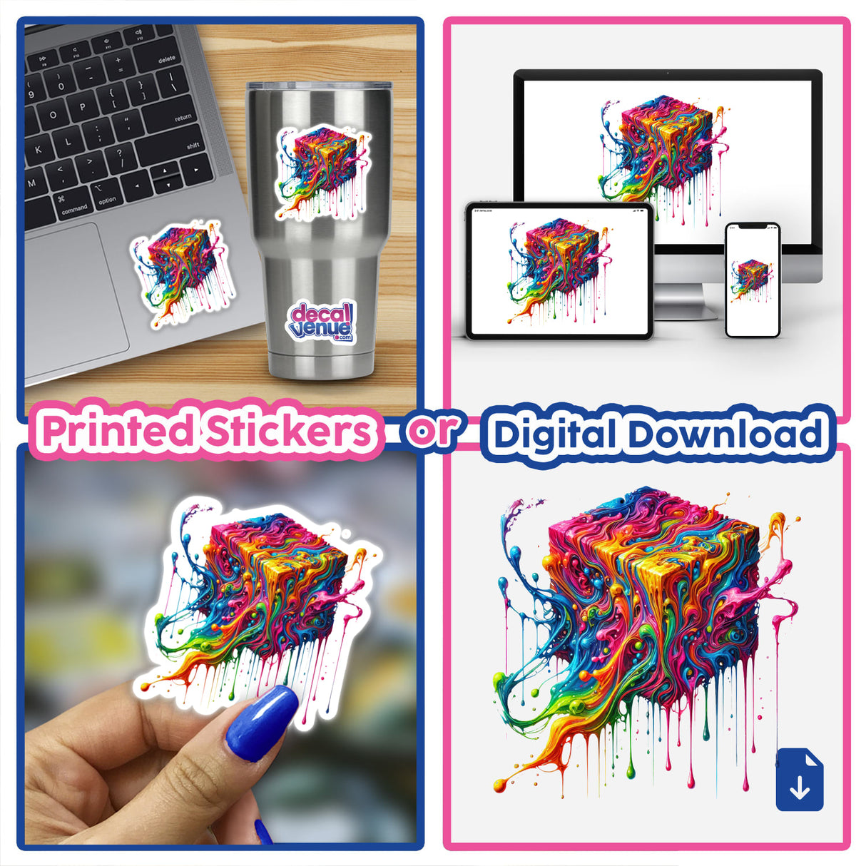 Collage showcasing Rainbow Melting Cube Art, featuring a psychedelic dripping abstract geometric shape. Available as stickers or digital artwork, reflecting Decal Venue's unique artistic offerings.