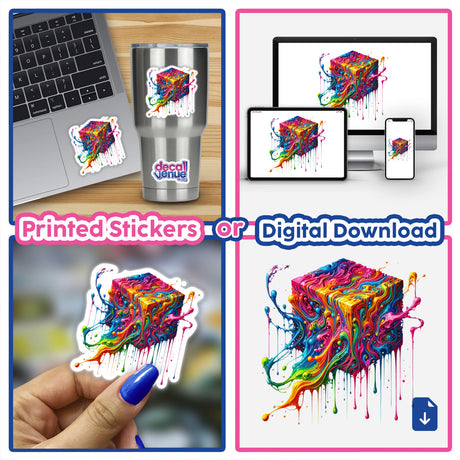 Collage showcasing Rainbow Melting Cube Art, featuring a psychedelic dripping abstract geometric shape. Available as stickers or digital artwork, reflecting Decal Venue's unique artistic offerings.