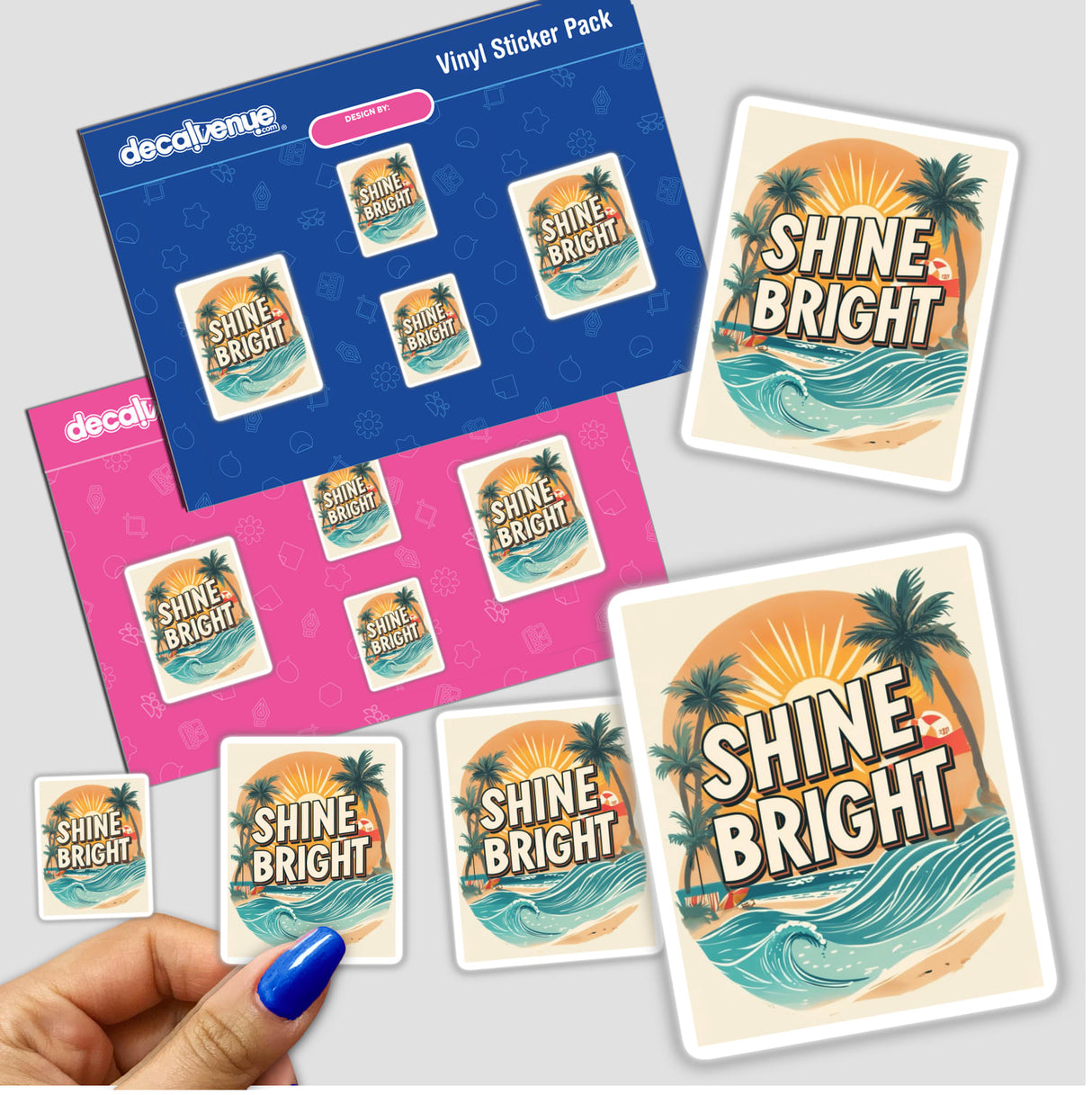 Retro Tropical ‘Shine Bright’ Beach Scene sticker pack featuring palm trees and ocean waves, held in a hand. Ideal for vinyl sticker enthusiasts and digital art lovers from Decal Venue.