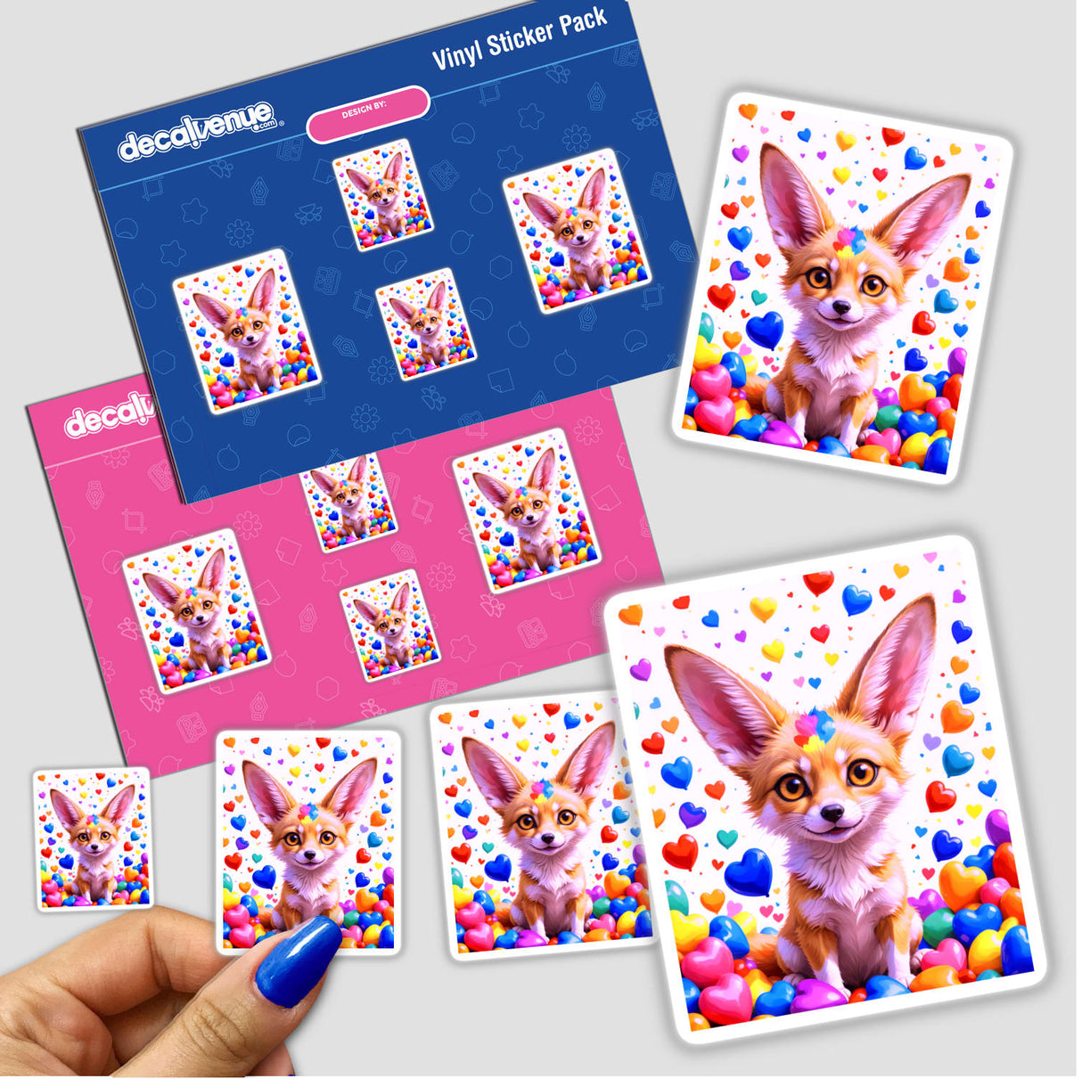 A Cute Fennec Fox With Love Hearts sticker, featuring an adorable fox surrounded by hearts, available as a vinyl sticker or digital artwork from Decal Venue.