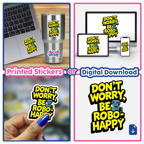 Don't Worry Be Robo-Happy Funny Quote featured on a laptop sticker, depicting a cartoon blue robot with yellow text. Available as stickers or digital artwork from Decal Venue.