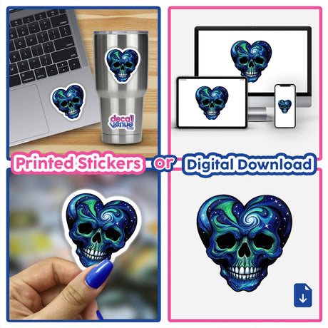 Galactic Heart Skull sticker collage featuring vibrant skull designs with swirling patterns, available as unique vinyl stickers or digital artwork from Decal Venue.