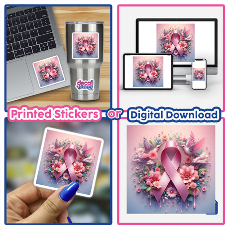 Breast Cancer Silver Series 2: A collage of pink ribbons, flowers, and birds, available as unique stickers or digital artwork.