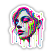 Psychedelic Neon Drip Face - Vibrant Surreal Melting Woman, featuring a woman's face artistically covered in vivid paint, available as unique stickers or digital artwork from Decal Venue.