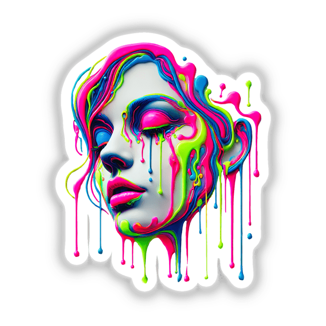 Psychedelic Neon Drip Face - Vibrant Surreal Melting Woman, featuring a woman's face artistically covered in vivid paint, available as unique stickers or digital artwork from Decal Venue.