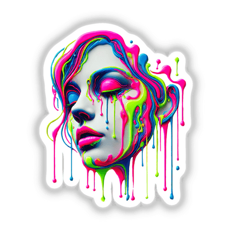 Psychedelic Neon Drip Face - Vibrant Surreal Melting Woman, featuring a woman's face artistically covered in vivid paint, available as unique stickers or digital artwork from Decal Venue.