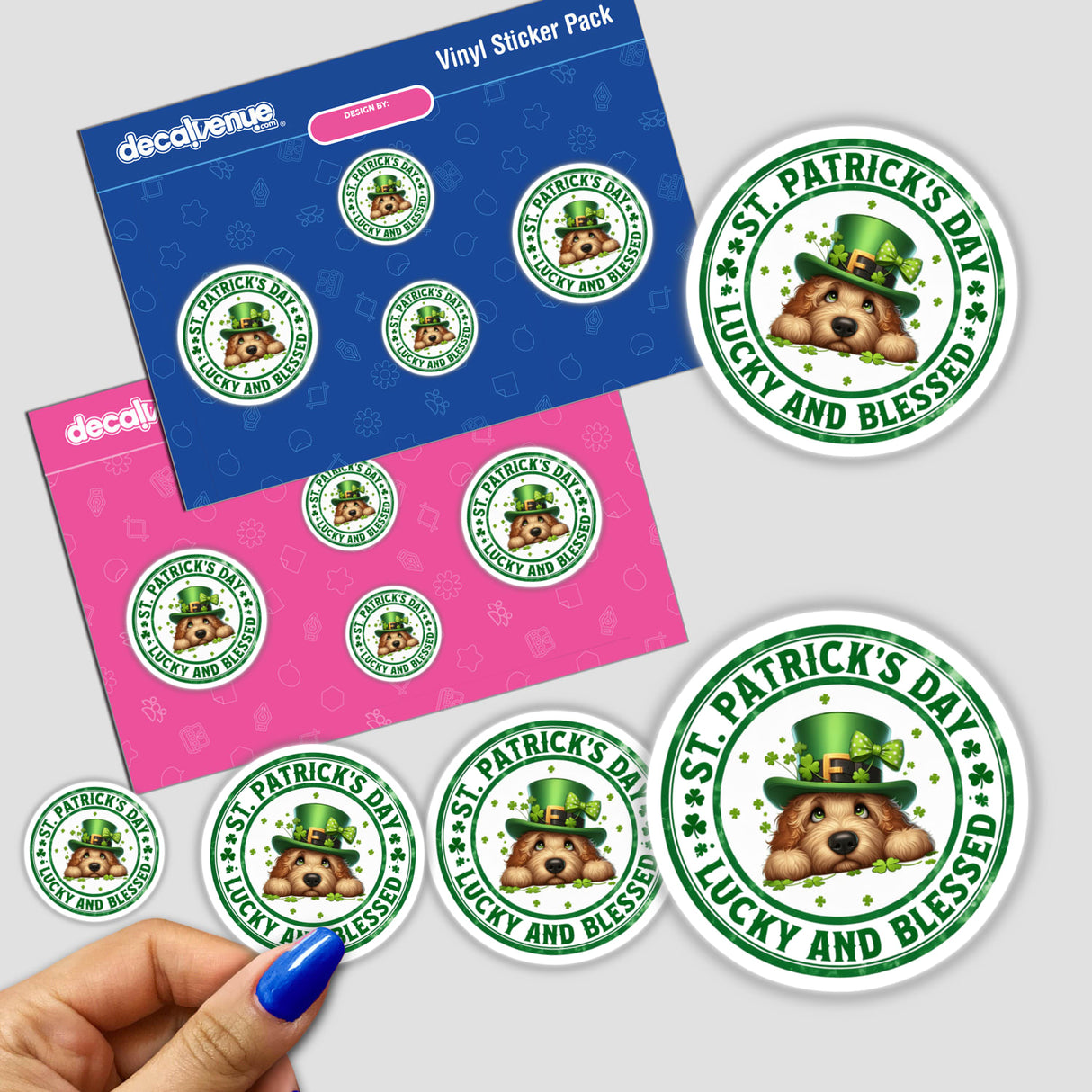 St Patrick's Lucky and Blessed Goldendoodle stickers feature a cartoon dog wearing a hat with clovers, available as vinyl stickers or digital artwork, perfect for adding charm to your collection.