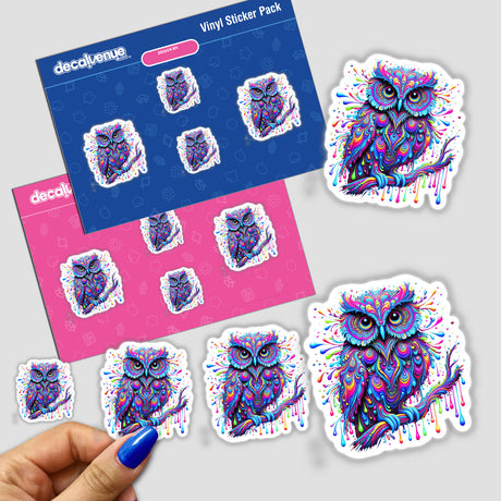 Vibrant Psychedelic Drip Owl sticker pack featuring colorful trippy bird designs with detailed owl imagery, capturing the essence of Decal Venue's unique stickers and digital art.