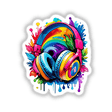 Vibrant Floral Rainbow Headphone Sticker - Music Design, showcasing colorful headphones adorned with intricate leaves and flowers, perfect for vibrant and artistic sticker collections.