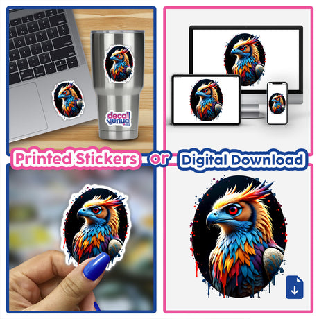 Collage featuring 'A Cool Hybrid Hawk Owl' as stickers and digital art, showcasing a colorful bird with red eyes, emphasizing Decal Venue's unique design offerings.