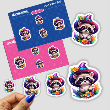 Hand holding a Tiny Raccoon Witch sticker featuring a cartoon raccoon in a hat with flowers, part of a sticker pack from Decal Venue.