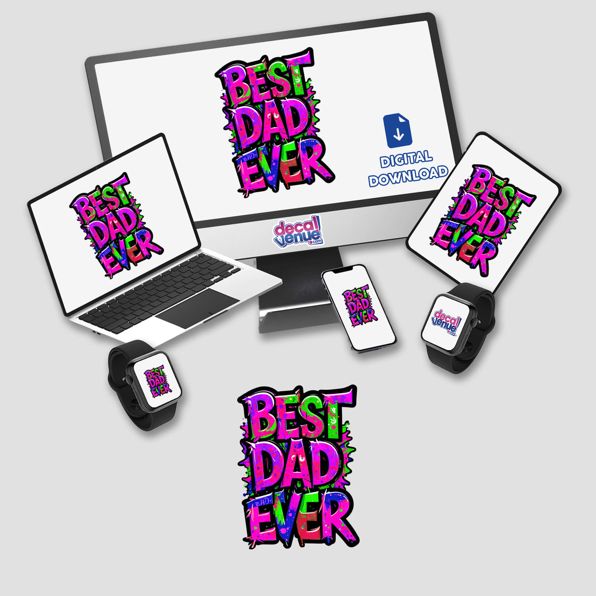 Best Dad Ever sticker or digital artwork displayed on a laptop and monitor, showcasing a bold design. Suitable for personalizing devices or creating unique digital visuals.