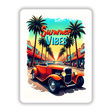 Summer Vibes Hot Rod Car: Poster of a convertible car on a palm-lined street, capturing a vibrant, retro vibe. Available as stickers or digital artwork from Decal Venue.