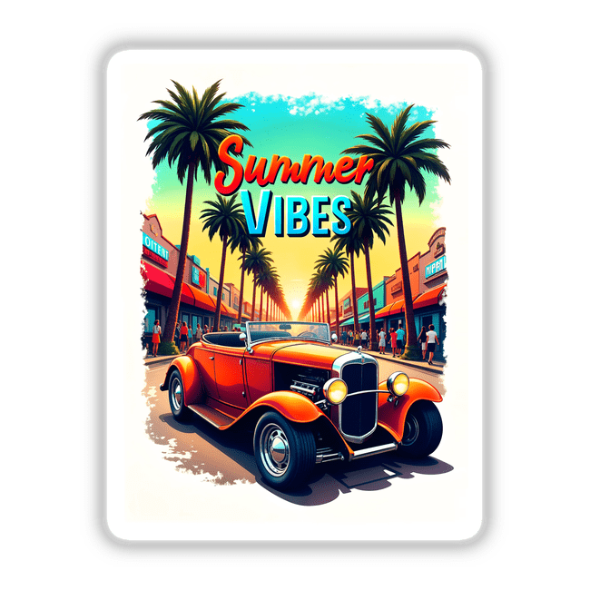 Summer Vibes Hot Rod Car: Poster of a convertible car on a palm-lined street, capturing a vibrant, retro vibe. Available as stickers or digital artwork from Decal Venue.