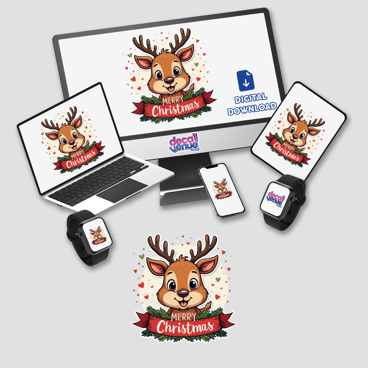 Merry Christmas Cute Reindeer Smiling digital artwork displayed on a computer monitor, laptop, smartphone, and smartwatch, highlighting the versatility and charm of the festive design. Available as stickers or digital art.