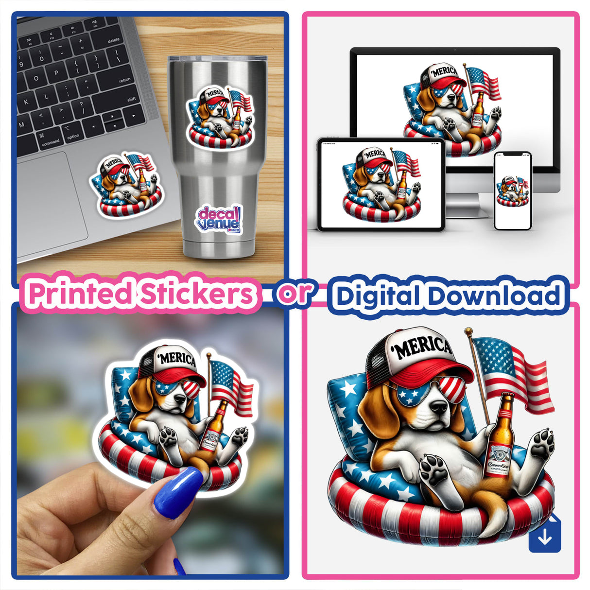 Beagle Dog American Flag Float Merica design; collage showcasing a beagle with flags, sunglasses, and a hat, available as stickers and digital downloads.